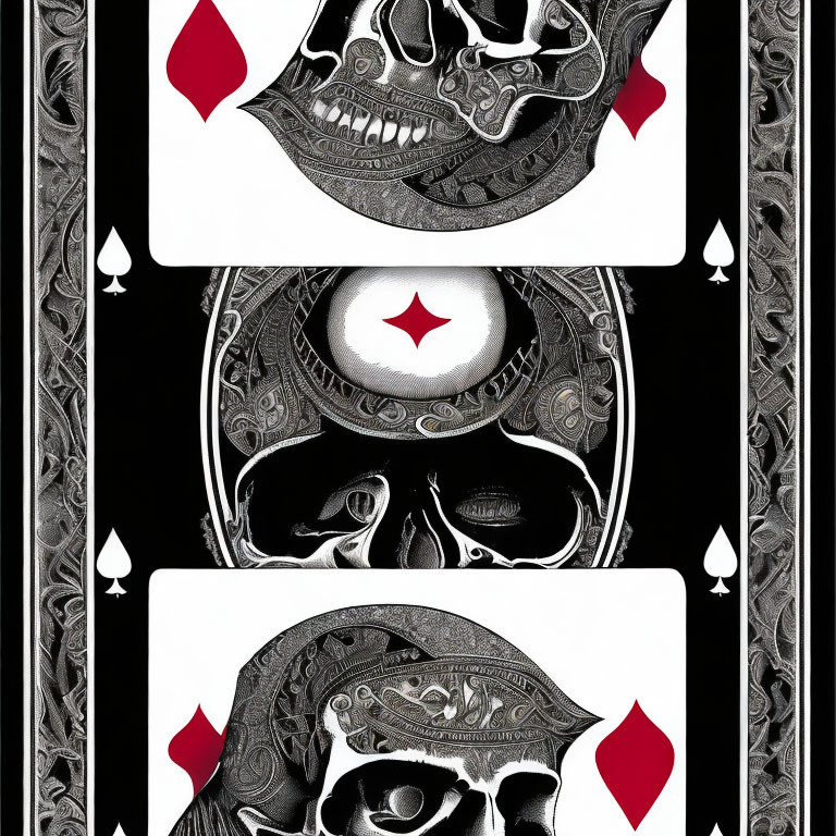 Stylized playing cards with ornate skull designs and spade symbols in black, white, and