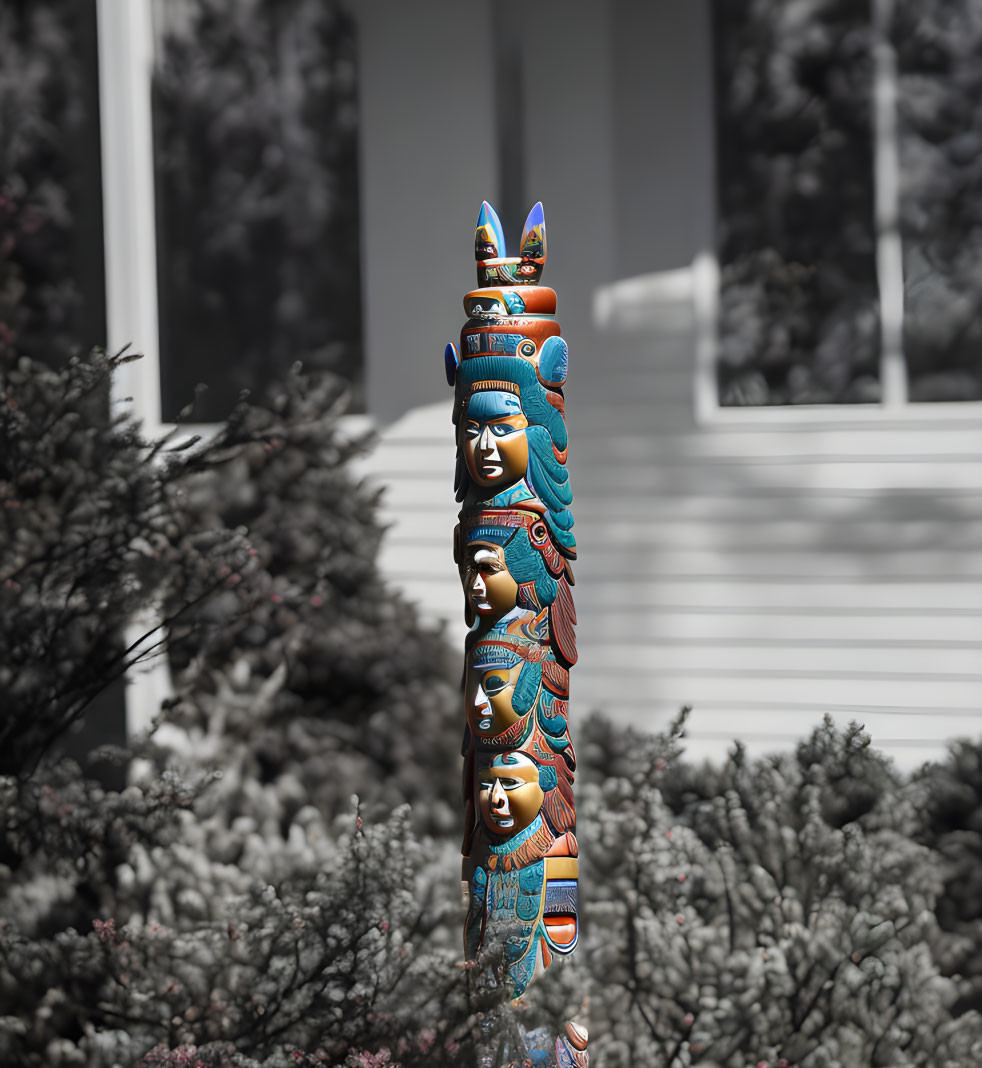 Colorful totem pole with multiple faces against monochrome background.