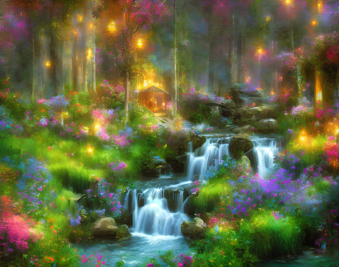 Tranquil forest landscape with waterfall, flowers, lights, and cabin