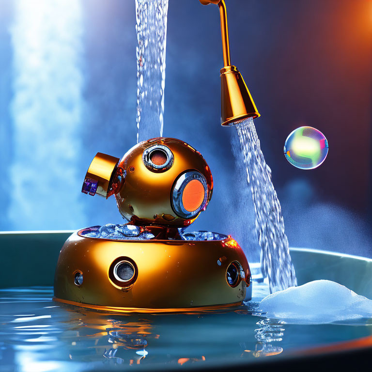 Golden futuristic robot in basin with water faucet and floating bubble