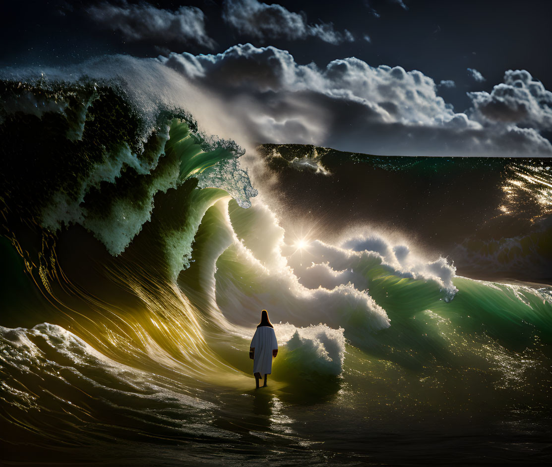 Person in white robe facing towering waves under dramatic sky