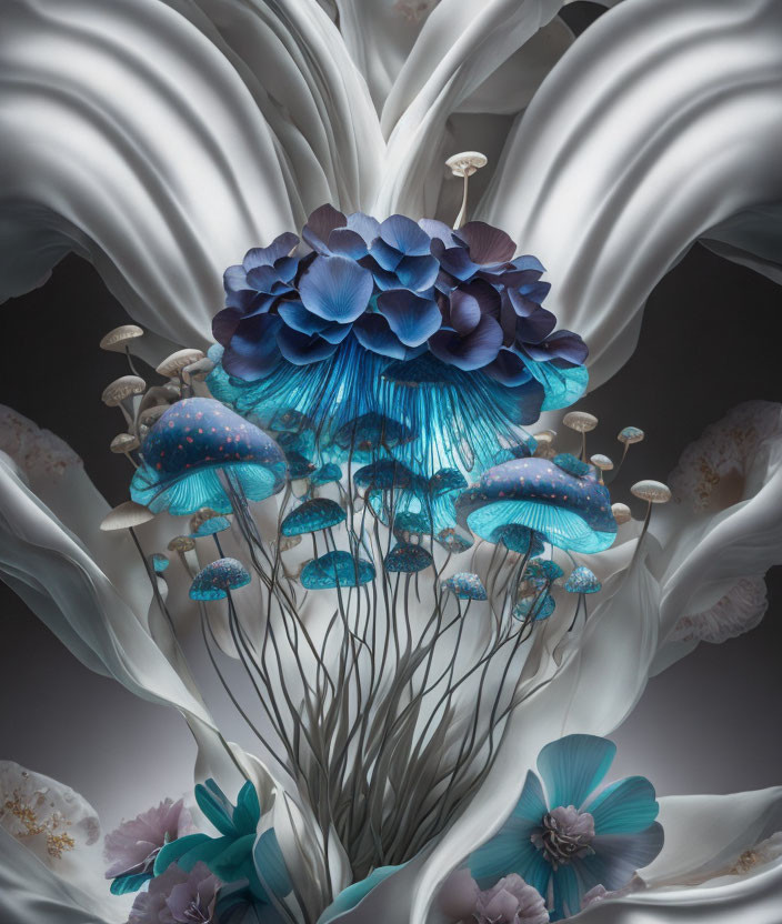 Colorful digital art: Blue jellyfish and flowers on swirling base
