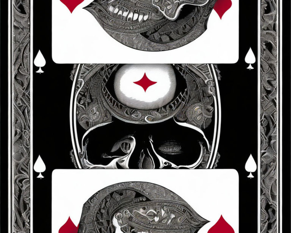 Stylized playing cards with ornate skull designs and spade symbols in black, white, and