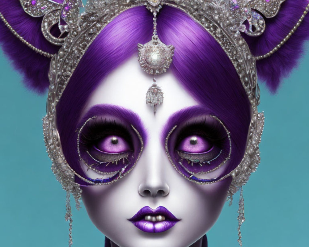 Purple-eyed character with ornate silver headpiece and makeup.