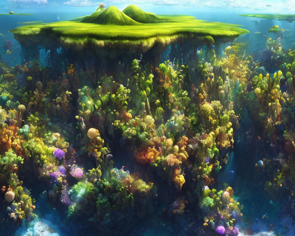 Colorful Coral Reefs and Marine Life Under Small Floating Island