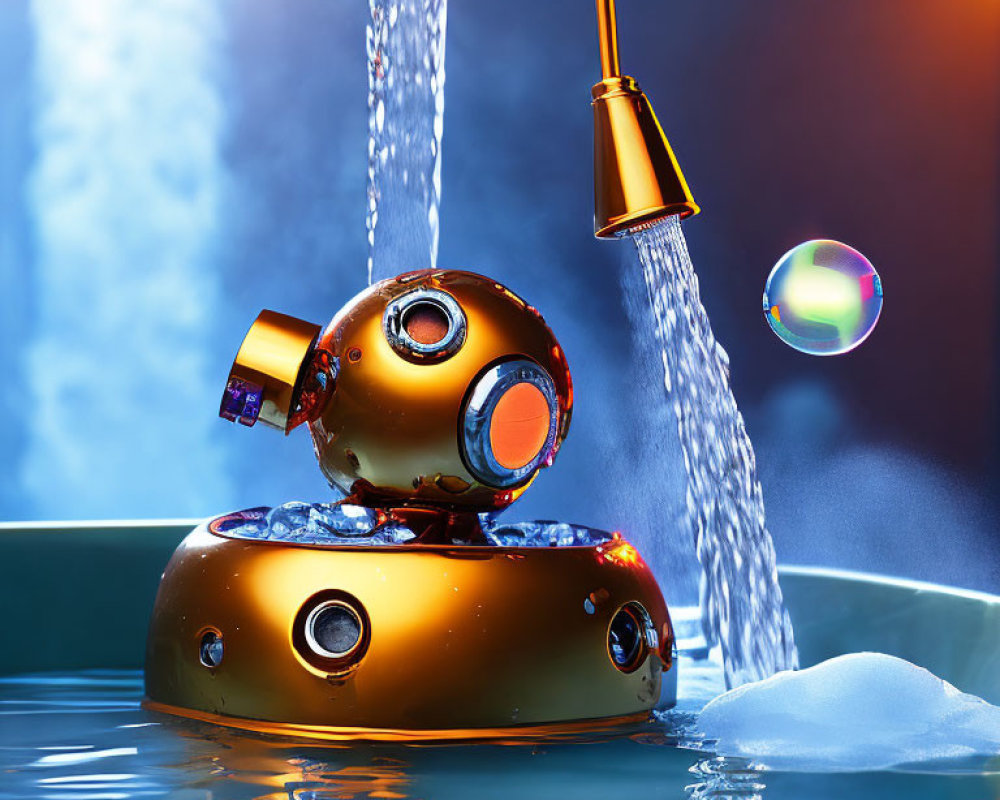 Golden futuristic robot in basin with water faucet and floating bubble