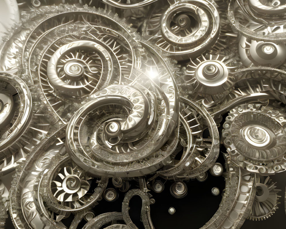 Silver Metallic Gears and Cogs with Spiral Patterns showcasing intricate mechanical detail