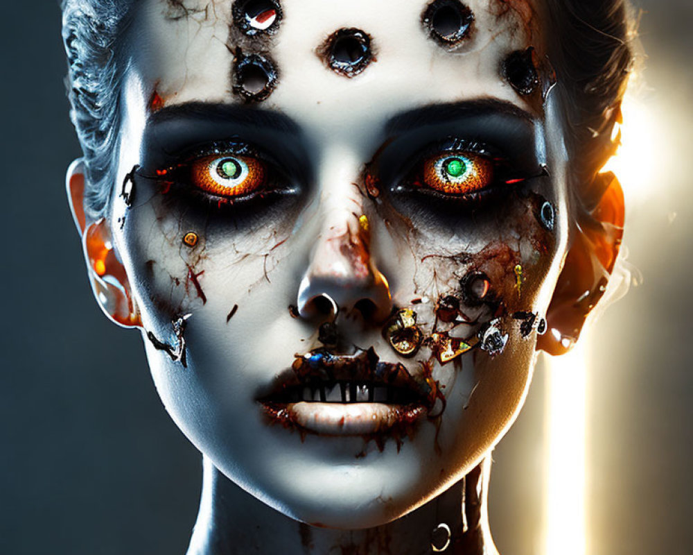 Sinister humanoid face with multiple eyes and bullet holes in dark artwork
