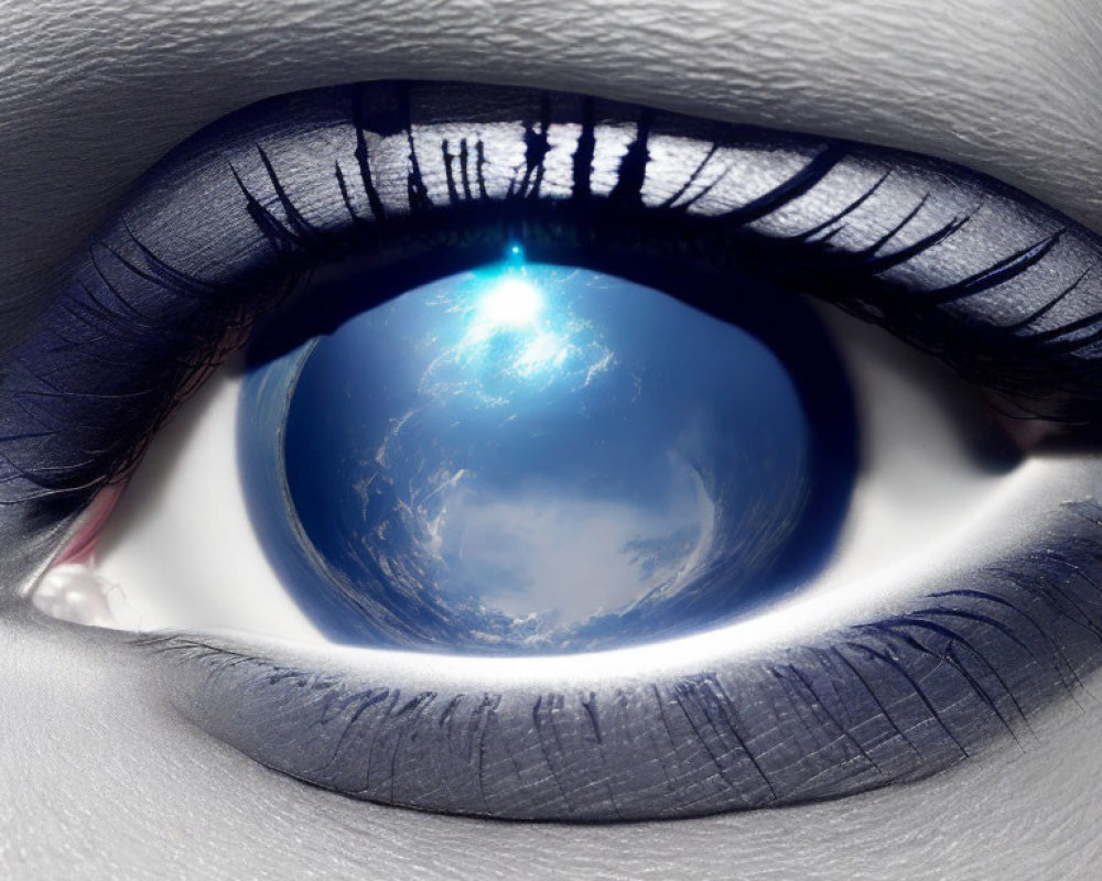 Digitally manipulated image of Earth reflected in eye with dark blue eyeliner.