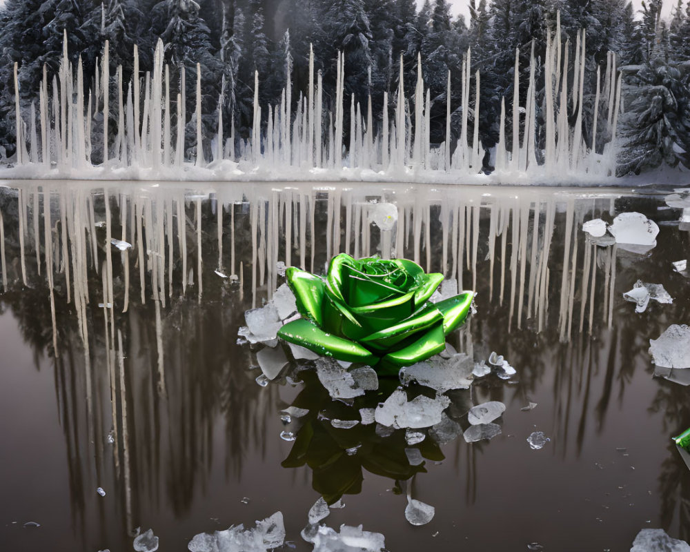 Green glass rose sculpture on icy lake with snowy trees