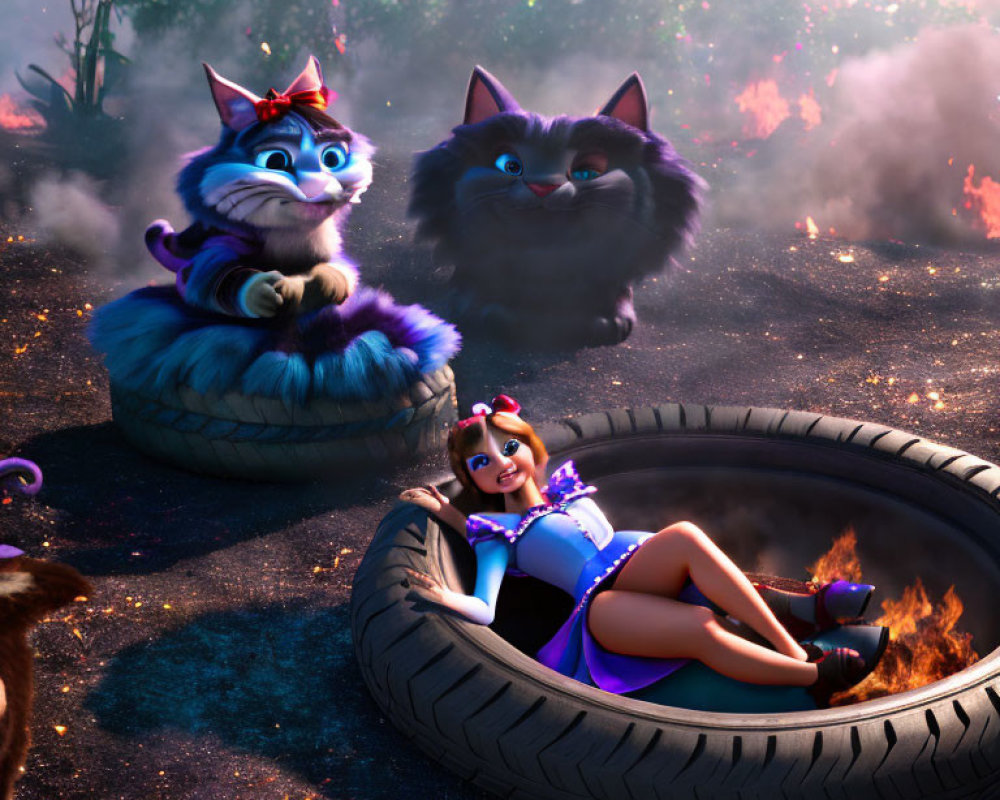 Stylized 3D Illustration of Cats, Girl in Superhero Costume in Fiery Forest