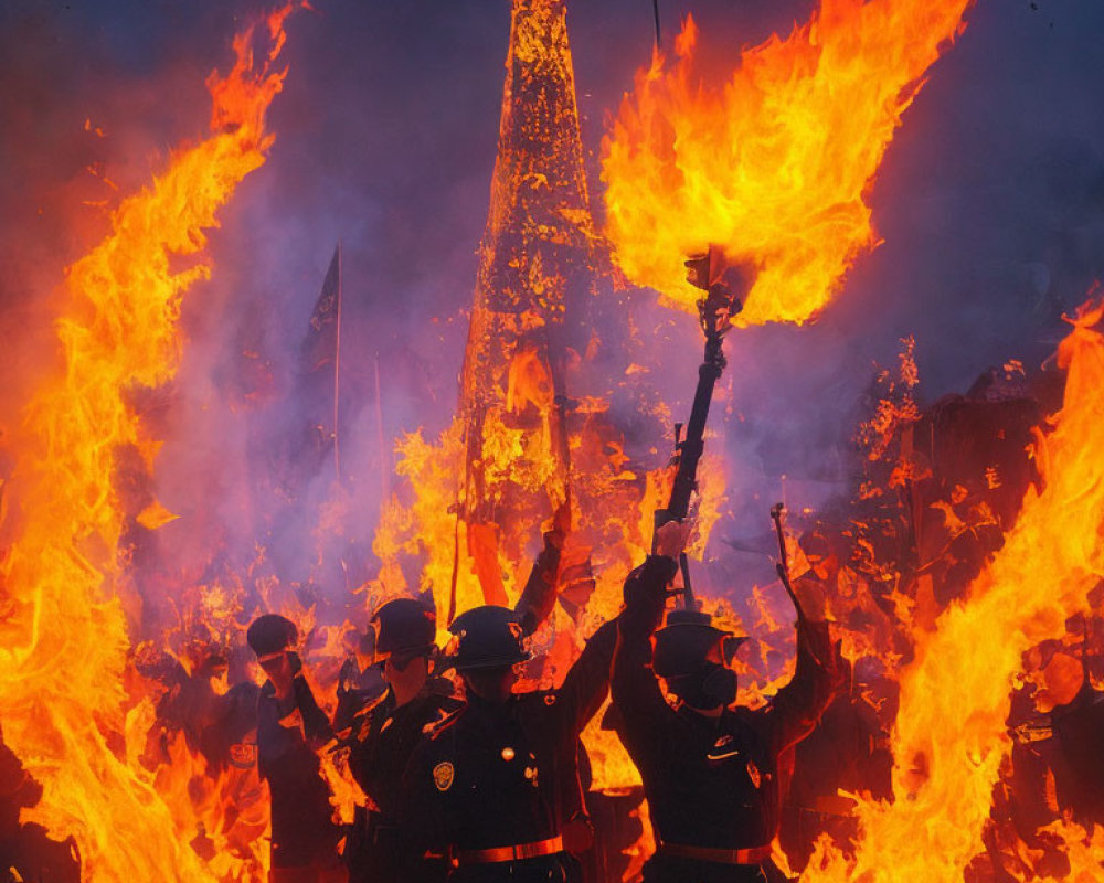 Group of People in Uniform Holding Torches Amidst Intense Flames