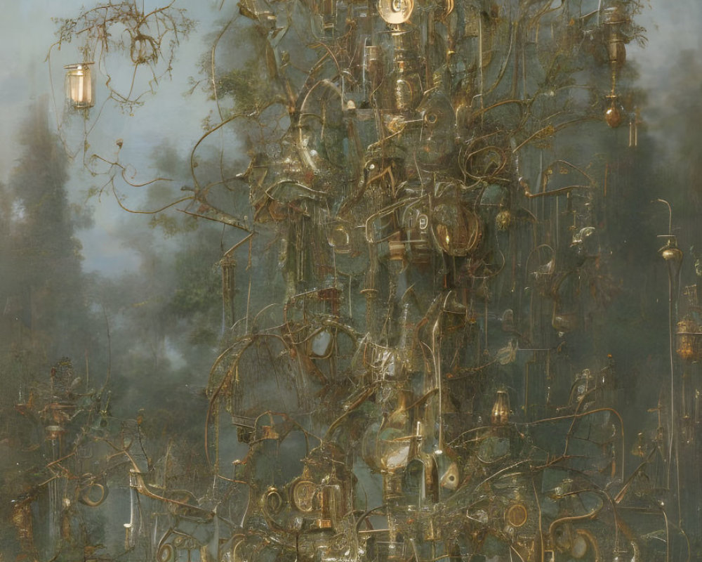 Mystical tree with golden gears and lanterns in a forest landscape