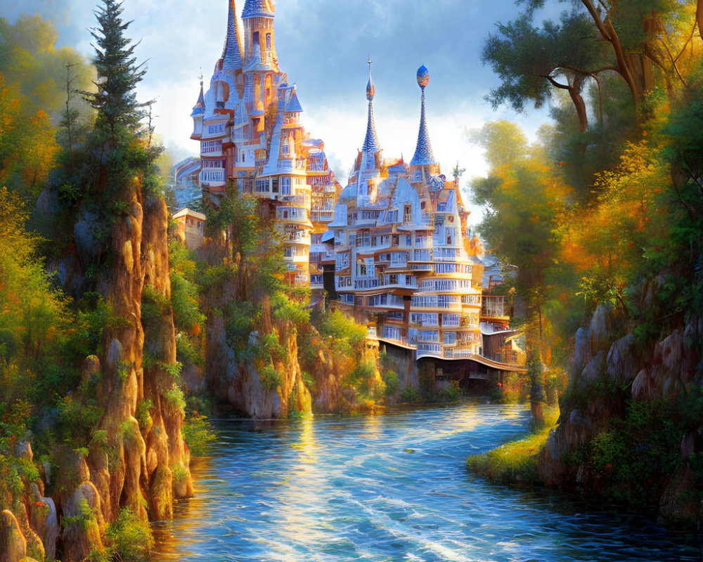 Majestic castle with spires on rocky outcrop in lush forest by blue river