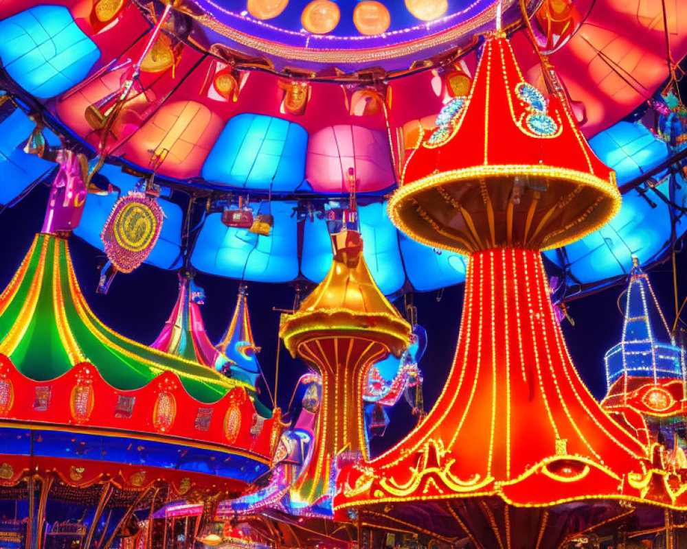 Colorful Carnival Scene with Illuminated Rides at Night