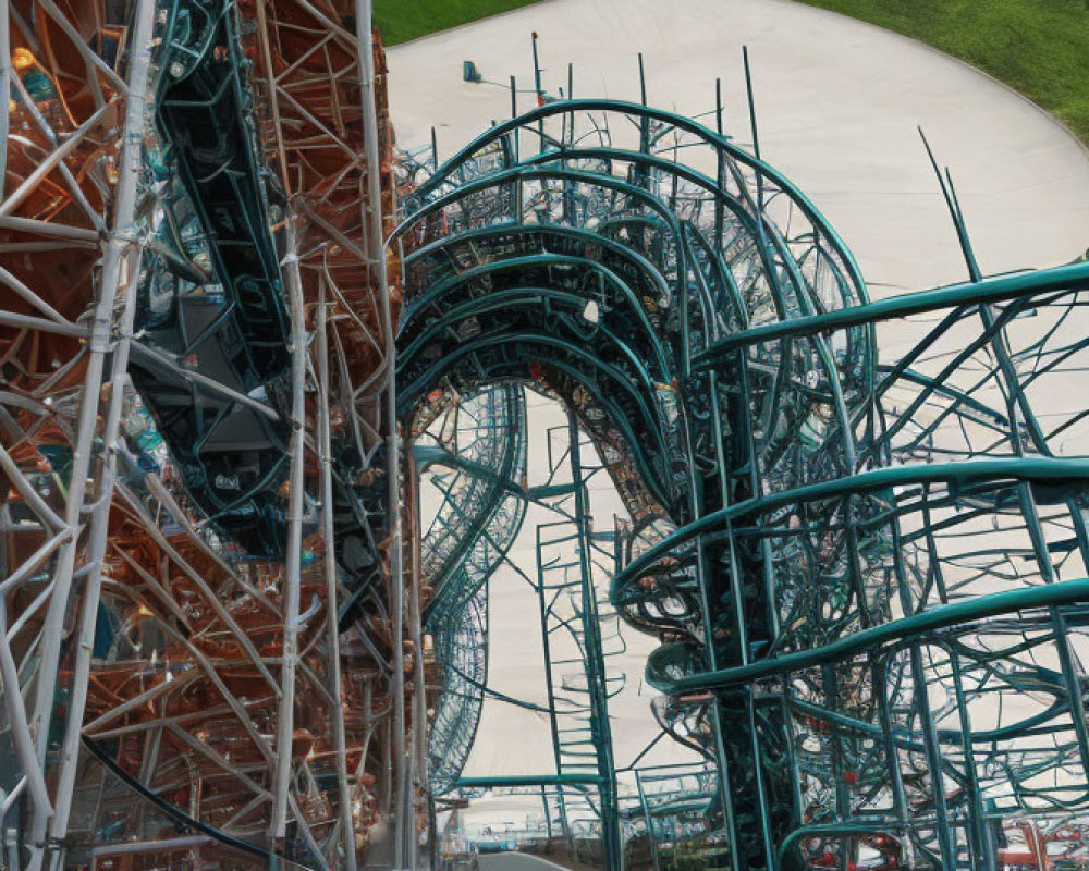 Green metal roller coaster tracks intersecting in spacious area with grassy backdrop