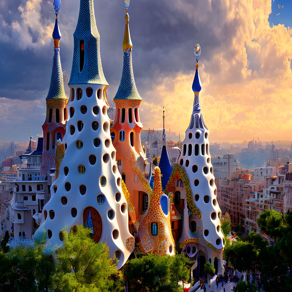 Whimsical fantasy cityscape with colorful unique architecture