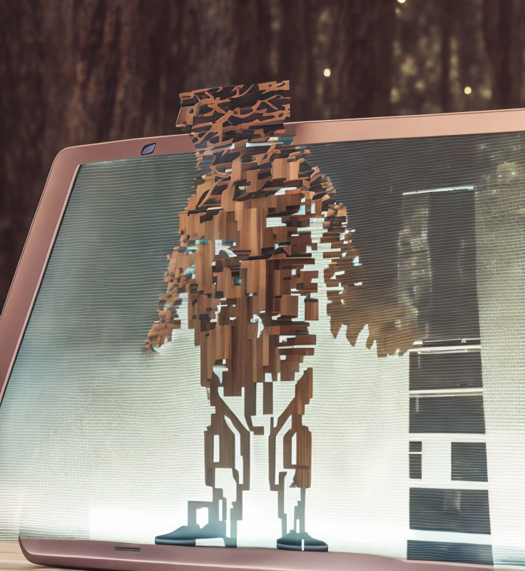 Pixellated human-like figure emerging from laptop screen in forest backdrop