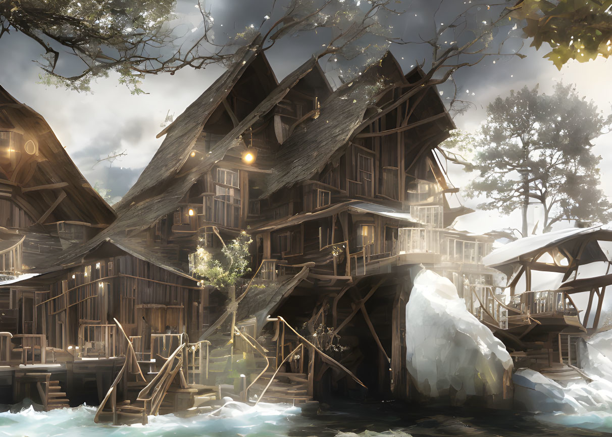 Rustic multi-story wooden house near waterfall with warm lights and cloudy sky
