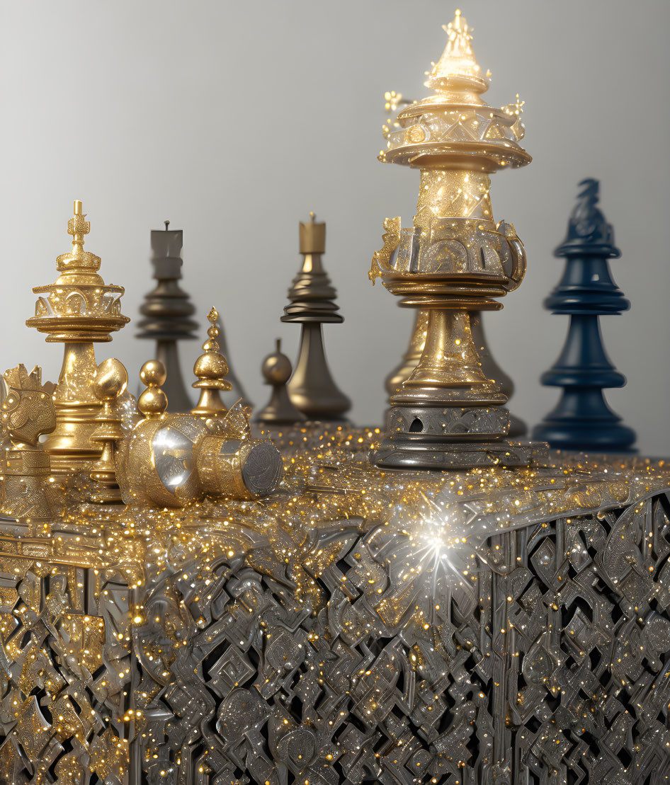 Luxurious Chess Set with Golden and Silver Pieces on Jewel-Adorned Board