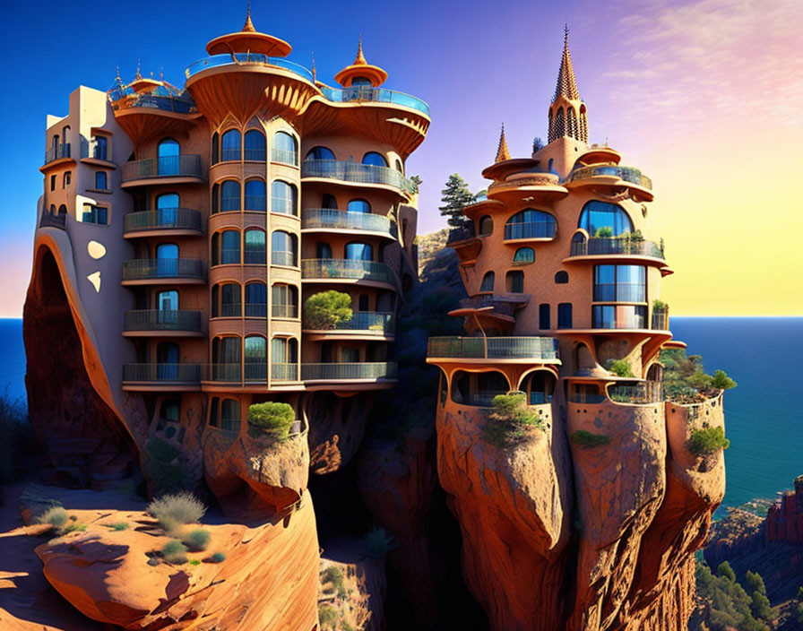 Intricate Fantasy Cliffside Architecture with Sea View