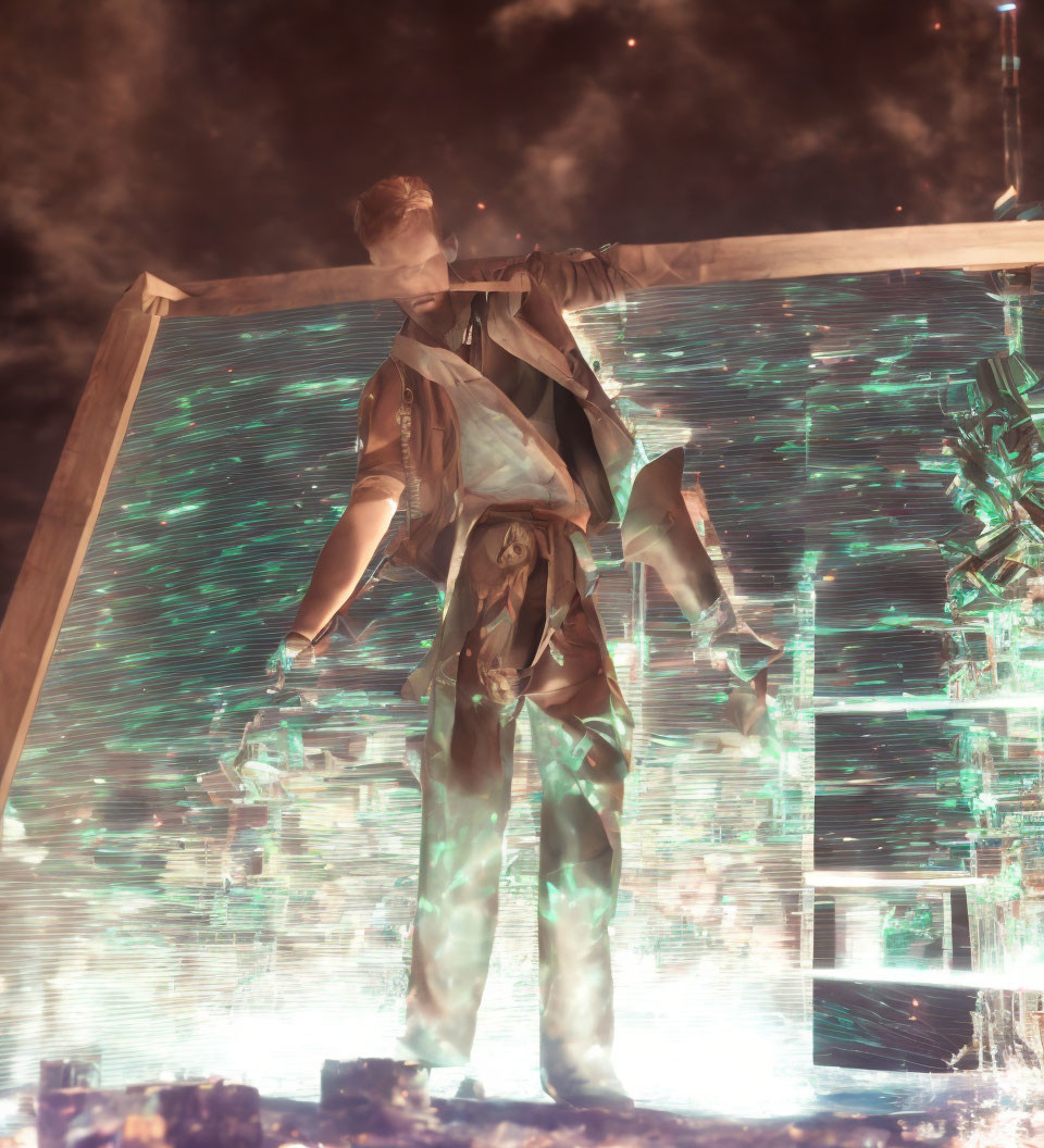 Glowing humanoid figure in abstract digital style with radiant beams and dark sky