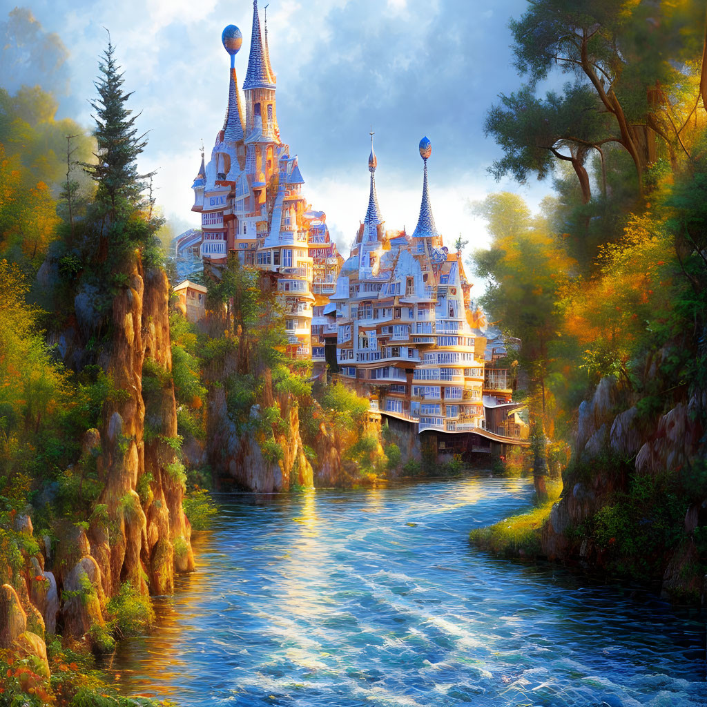 Majestic castle with spires on rocky outcrop in lush forest by blue river