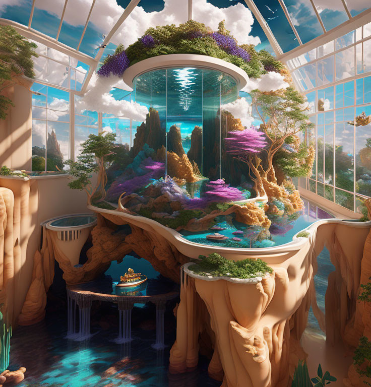 Vibrant indoor garden with cylindrical aquarium, rocky formations, and glass dome