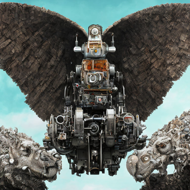 Mechanical flying machine with dragon-like creatures in cloudy sky