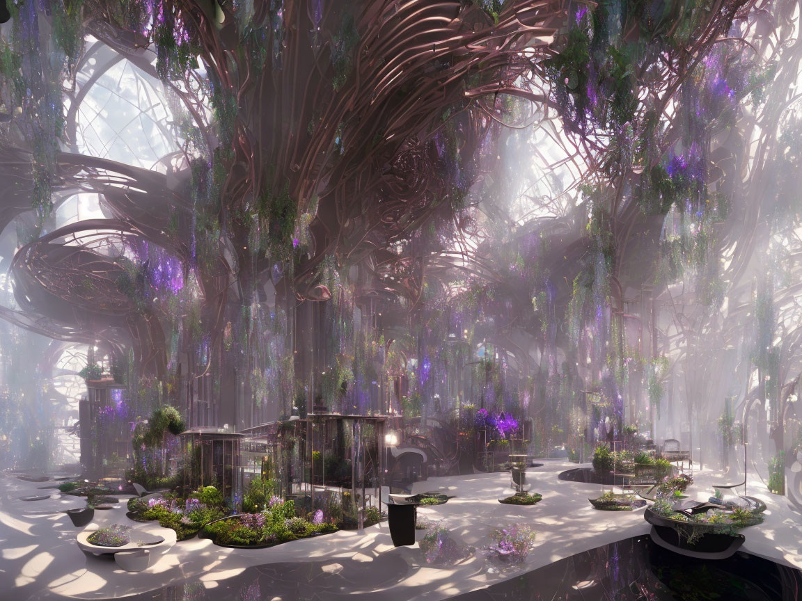 Large intertwined tree-like structures in a futuristic indoor garden with purple lights and plant-filled terraces.