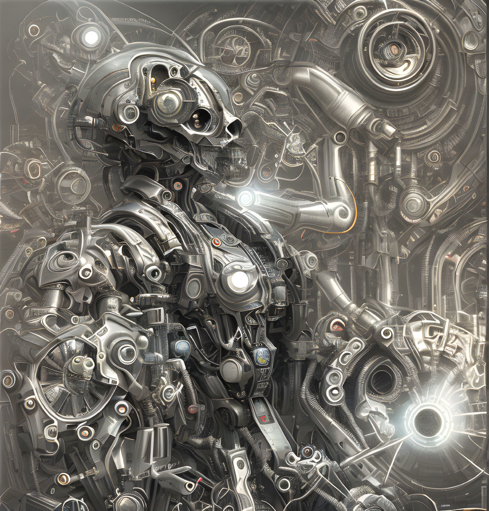Detailed robotic figure with humanoid skull amidst complex machinery and glowing elements