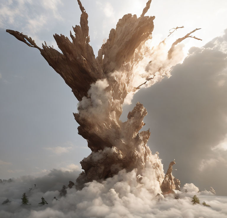Gigantic tree trunk explodes into clouds above misty woods