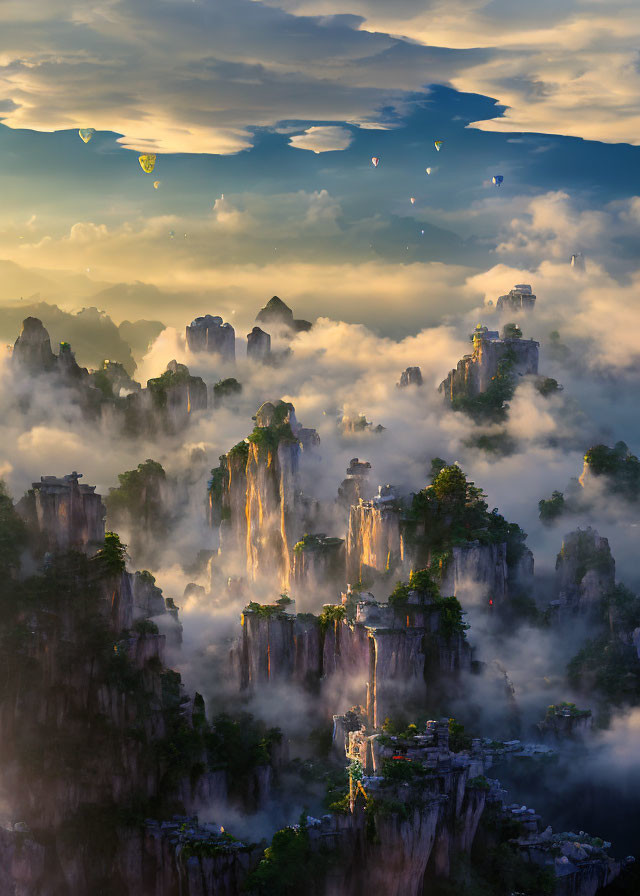 Majestic misty karst formations with hot air balloons at dawn