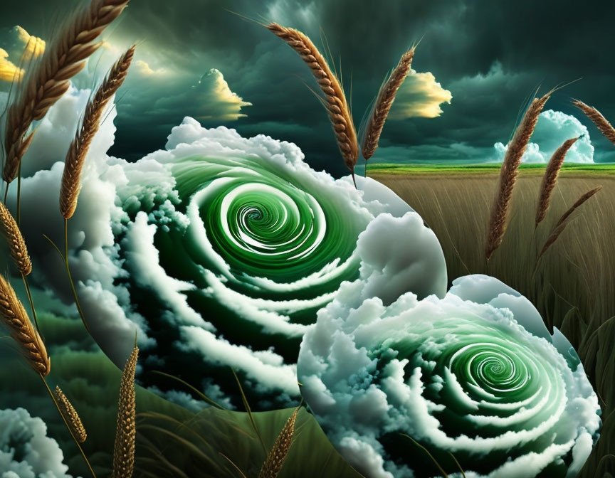 Surreal landscape with swirling clouds and golden wheat stalks