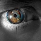 Detailed Orange and Green Iris Patterns in Human Eye Close-Up