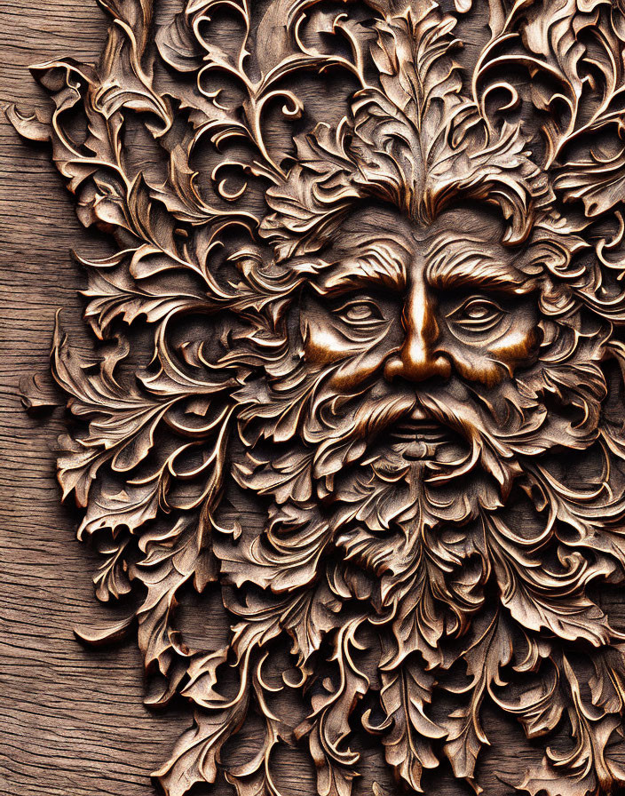 Intricate wooden carving of man's face with leaf patterns
