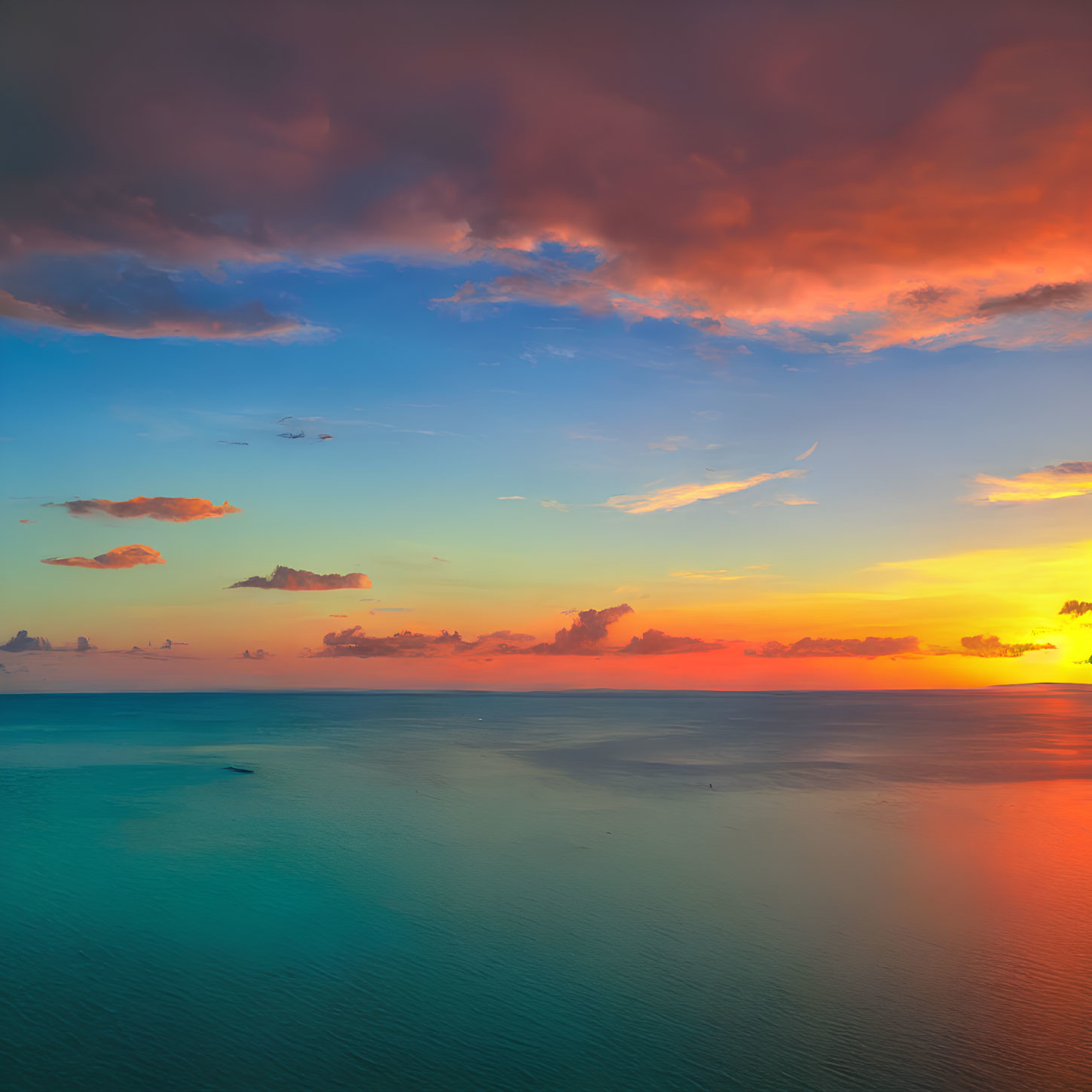 Scenic sunset over calm sea with warm hues and blue sky