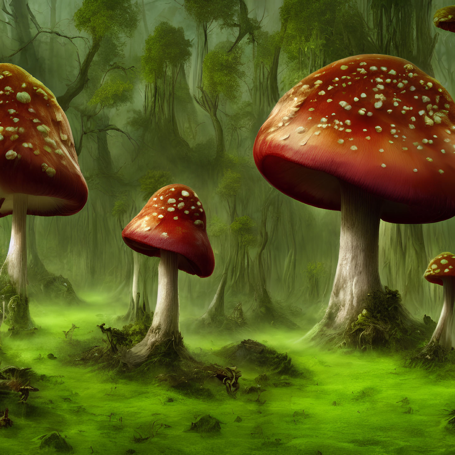 Enchanted forest with oversized red-capped mushrooms and twisted trees