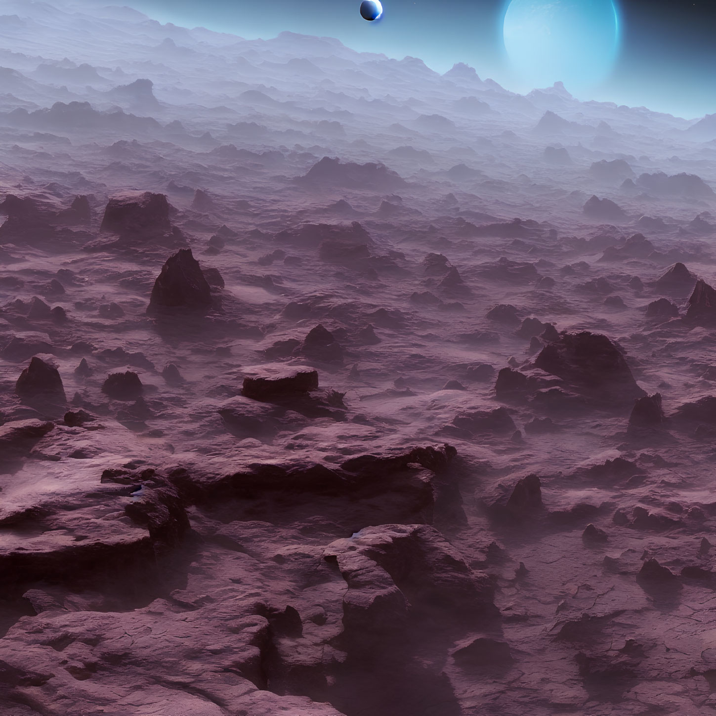 Desolate rocky alien landscape under purple sky