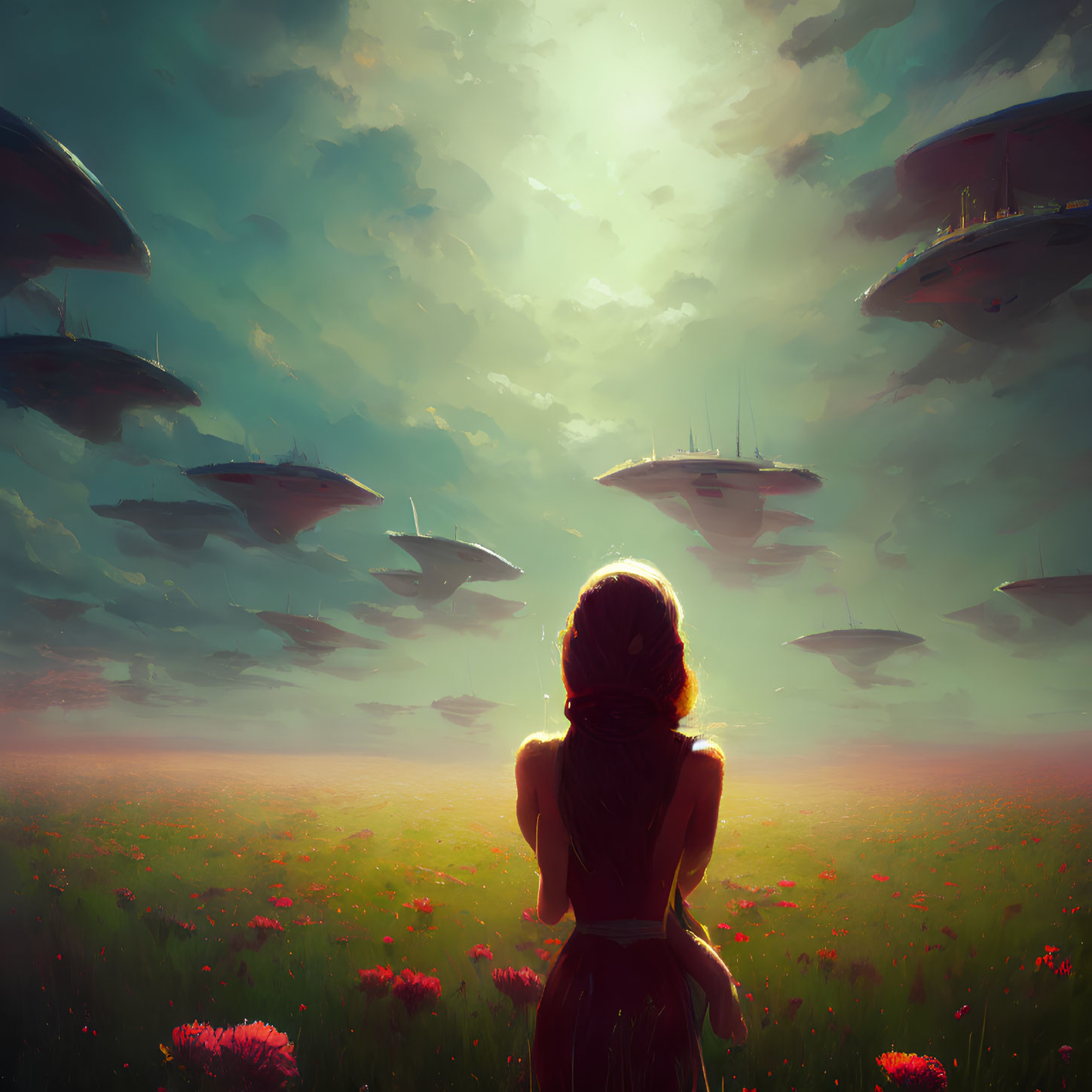 Woman admires floating islands over red flower field in mystical light