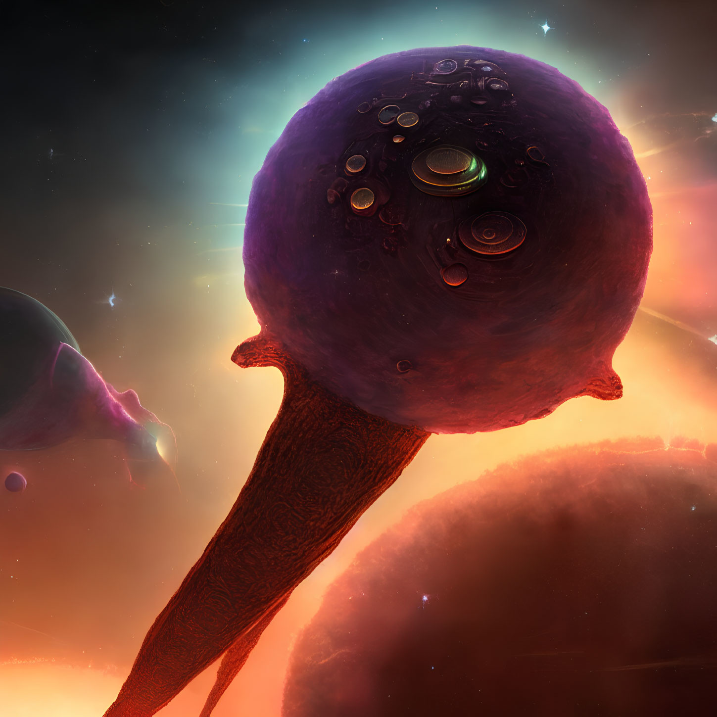 Surreal purple spherical lollipop structure in cosmic setting