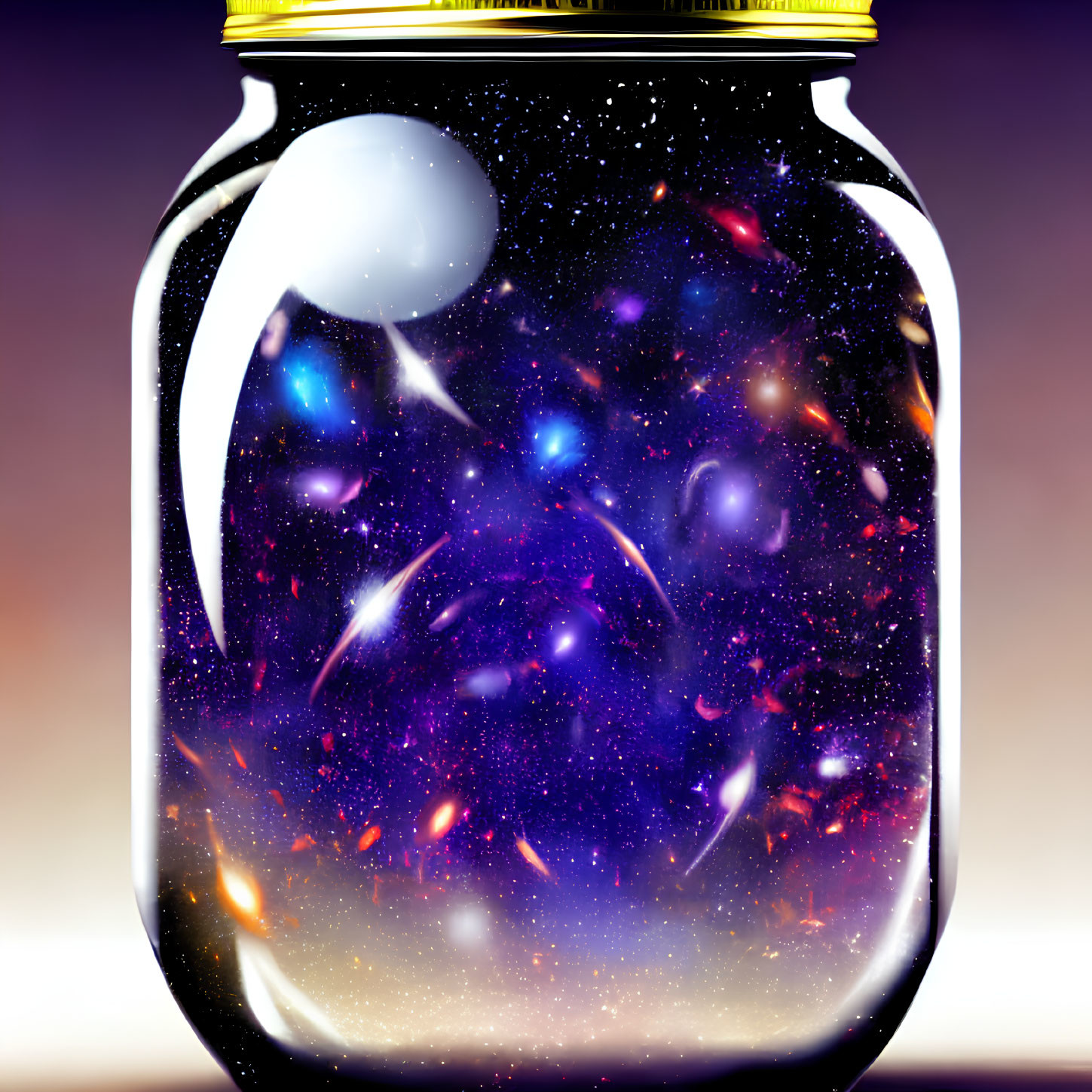 Glass jar with cosmic scene on gradient background.