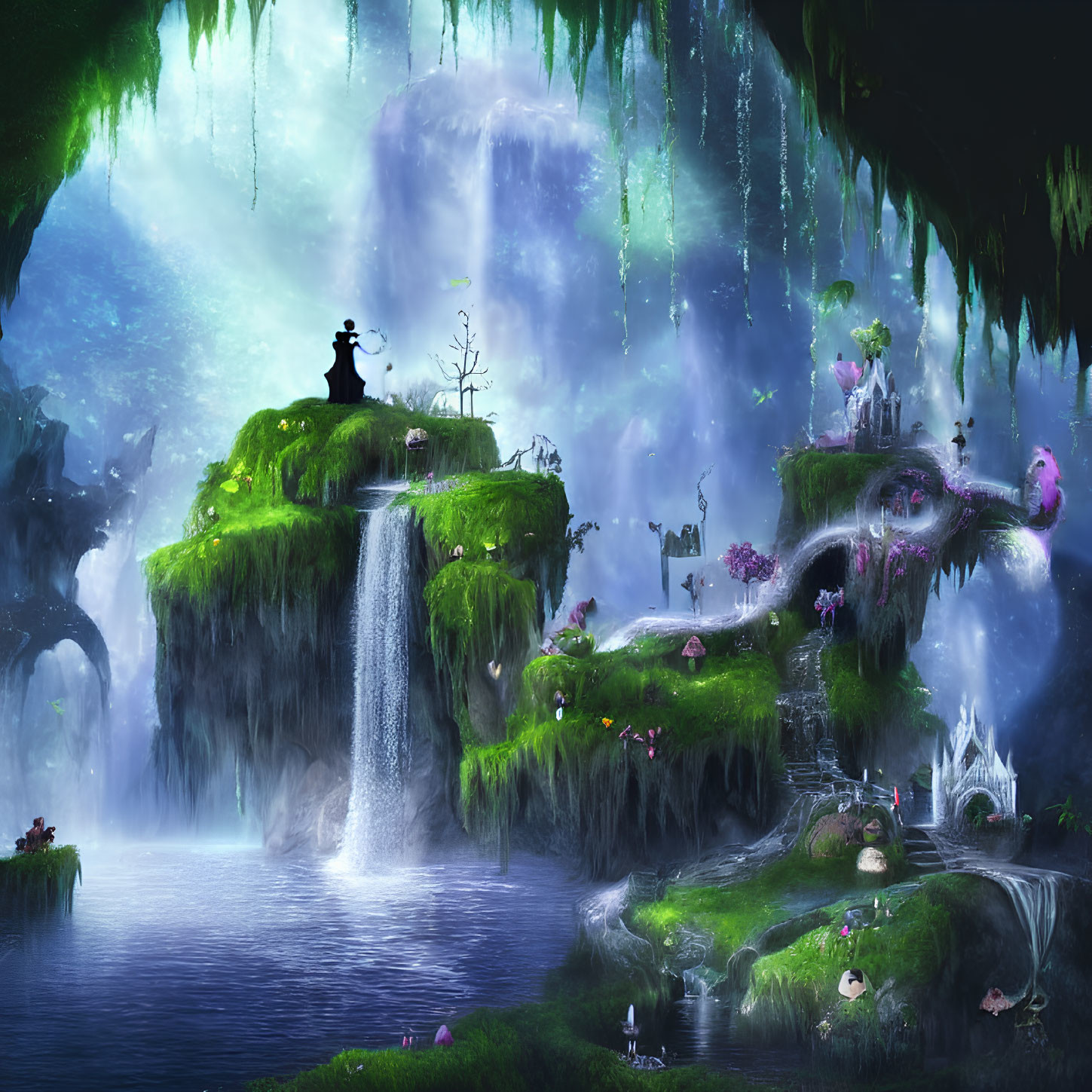 Tranquil fantasy landscape with waterfalls, lush greenery, mystical flora, and a silhouette under