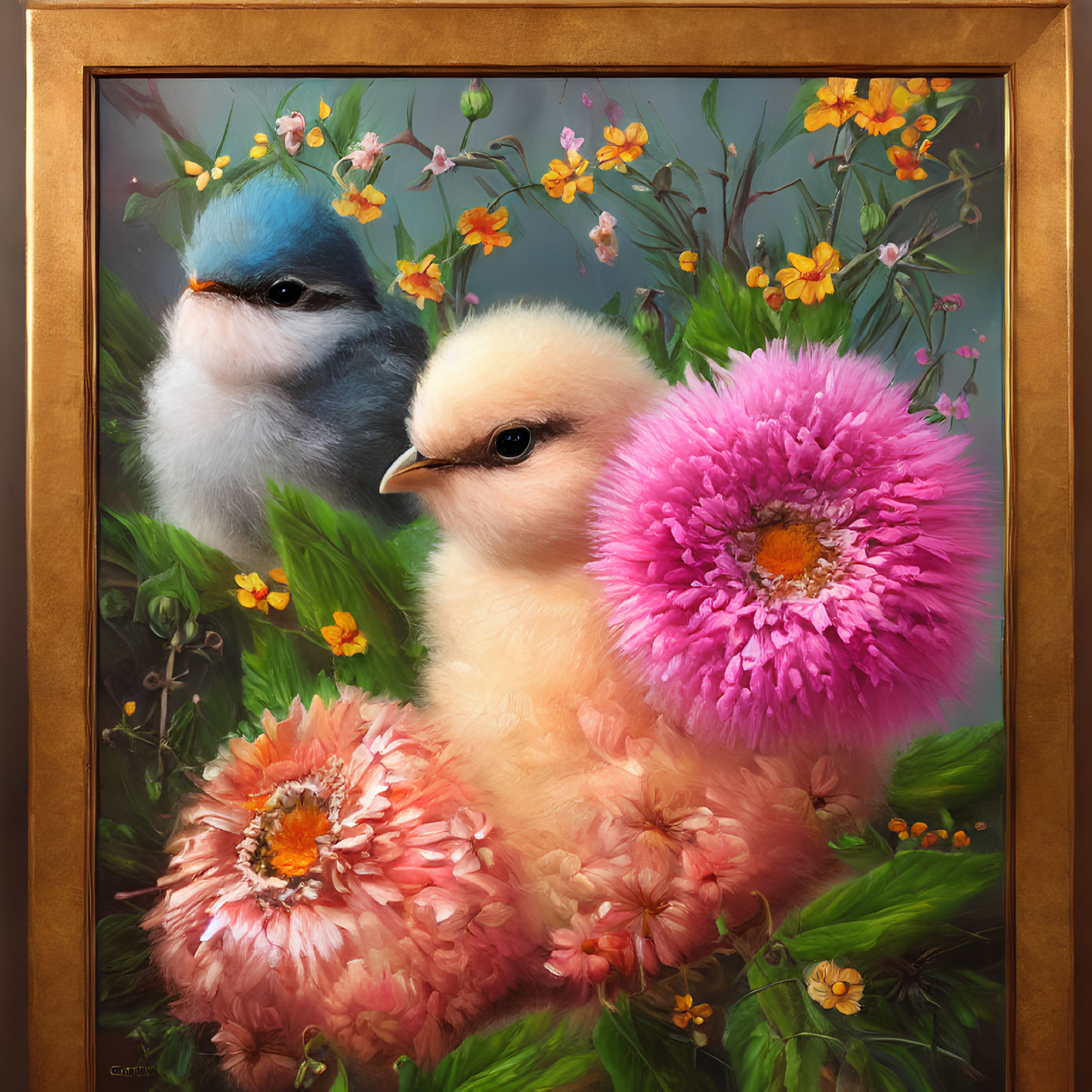 Colorful artwork featuring blue-headed bird, fluffy chick, and vibrant flowers in golden frame