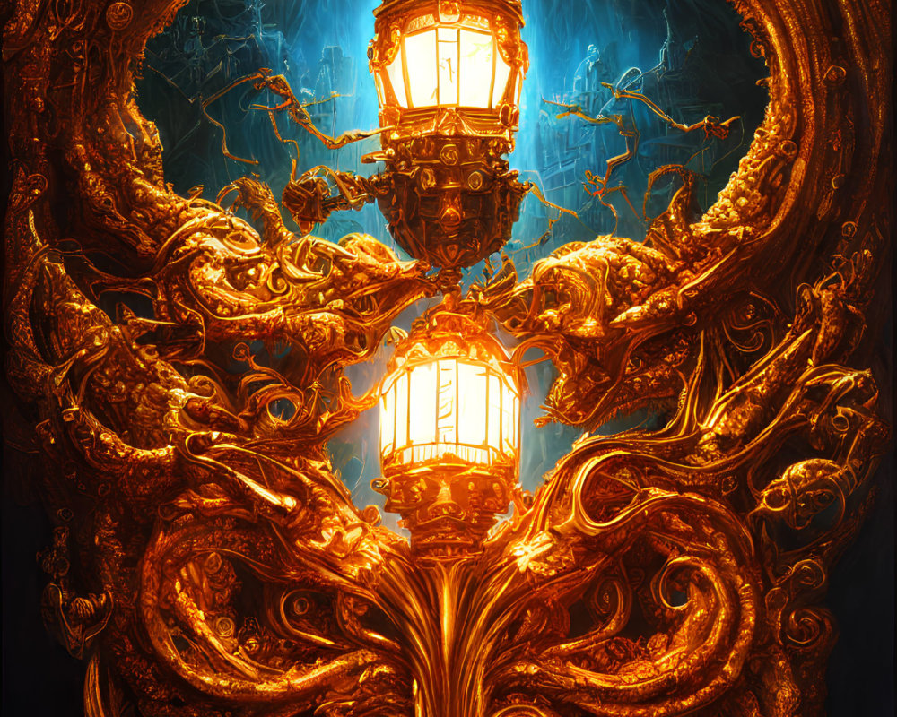 Golden lantern with intricate designs and ethereal creatures in magical setting