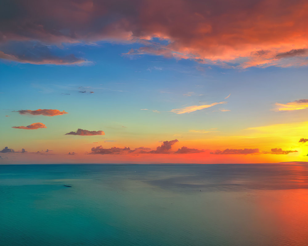Scenic sunset over calm sea with warm hues and blue sky