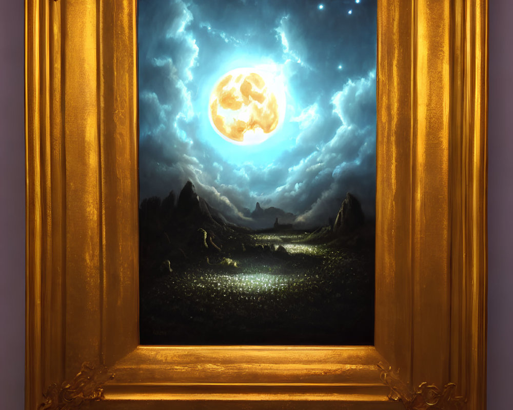 Luminous full moon painting in ornate gold frame
