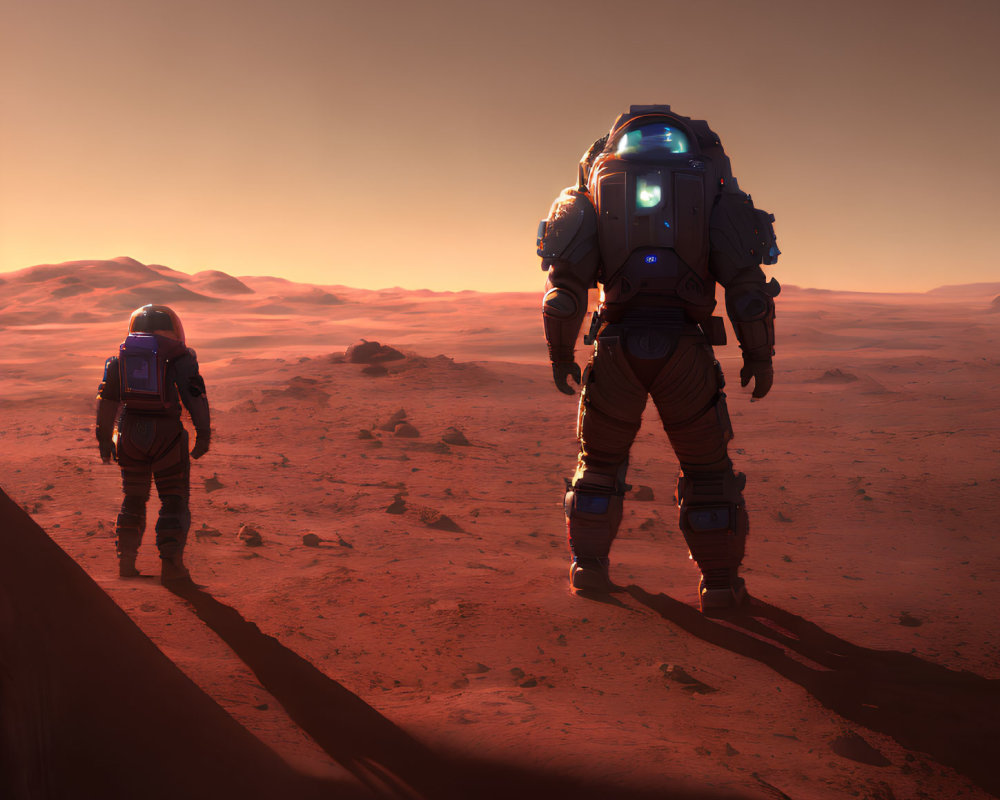 Astronauts in spacesuits on red Martian landscape under hazy sky
