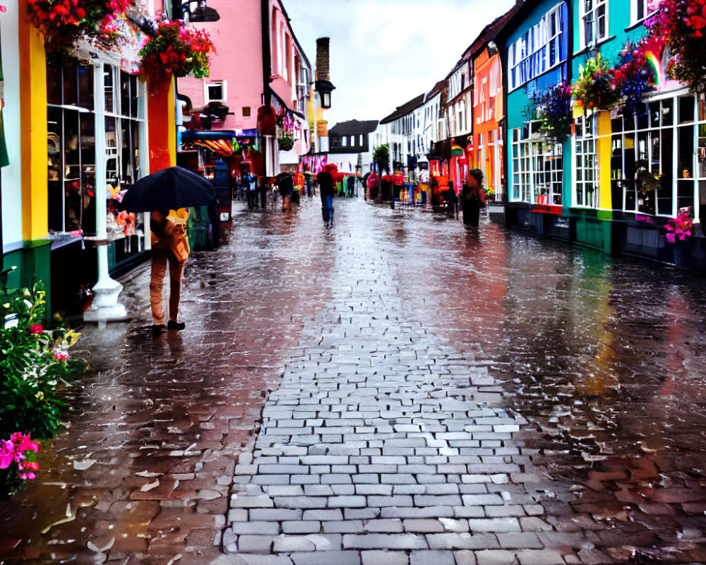Colorful buildings and flower baskets on rain-soaked cobblestone street