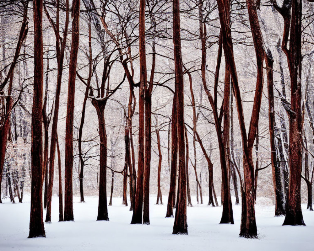 Snowy landscape with bare reddish tree trunks